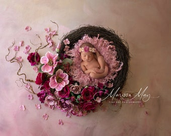 Newborn Digital Background, Newborn Digital Backdrop, Newborn Photography, Pink, Spring, Blooms, Fuchsia, Nest
