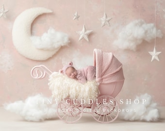Cloudy Pink Vintage Pram Newborn Digital Backdrop: AI-Created (Digital Download)
