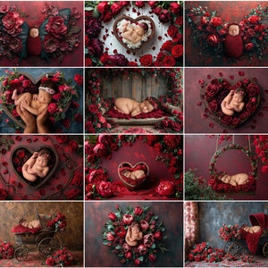 Fondo digital para recién nacidos de San Valentín: rosas rojas y corazones (JPG, descarga digital)