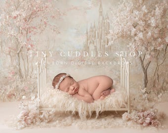 Newborn Digital Backdrop: Spring Princess Bed, Castle Scene (Digital Download Jpeg File)