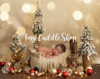 Newborn Digital Background, Christmas Newborn Digital Backdrop, Christmas newborn digital, log bed baubles gold red