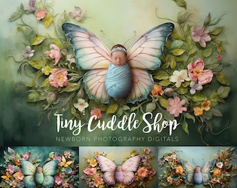 Butterfly Newborn Digital Backdrop: Rainbow Floral Wings - AI created(JPG)
