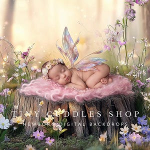 May include: A newborn baby wearing a fairy costume sleeps on a pink blanket on a tree stump surrounded by purple, pink, and white flowers. The text "TINY CUDDLES SHOP NEWBORN DIGITAL BACKDROPS" is visible at the bottom of the image.