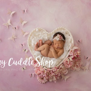 Newborn Digital Background, Newborn Digital Backdrop, Newborn Photography, Pink, Flowers, Butterflies, Heart