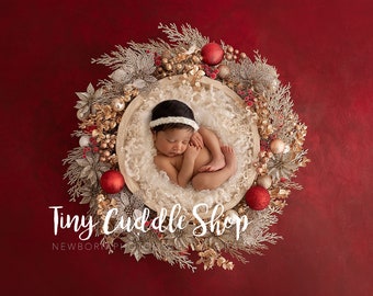 Newborn Digital Background, Newborn Digital Backdrop, Christmas wreath newborn digital, red and gold wreath