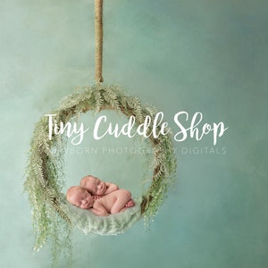 Puede incluir: Dos bebés recién nacidos durmiendo en una corona verde y marrón que cuelga del techo. La corona está decorada con vegetación y el texto "Tiny Cuddle Shop Newborn Photography Digitals" es visible debajo de la corona.