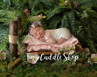 Newborn Digital Bed Background, Newborn Digital Backdrop, Bed, Log bed, jungle, forest, girl, pink, fairy