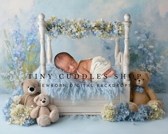 AI Newborn Boy Bed Digital Backdrop: Baby blue, florals, Teddy Bears (JPEG)