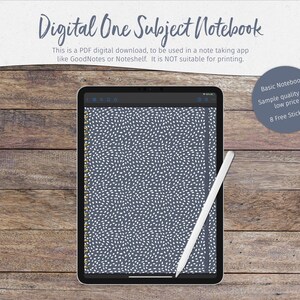 Op de afbeelding: Een digitaal notitieboek met een wit en grijs gespikkeld patroon. Het notitieboek wordt weergegeven op een tabletscherm. De tekst "Digital One Subject Notebook" staat bovenaan de afbeelding. De tekst "Basic Notebook" staat in een cirkel rechtsonder in de afbeelding. De tekst "Sample quality for a low price" staat onder de cirkel. De tekst "8 Free Stickers" staat onder de tekst "low price".