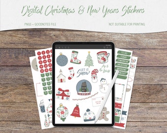 May include: Digital Christmas and New Year's stickers for Goodnotes. The stickers feature a variety of festive designs, including a snowman, a Christmas tree, a gift box, a church, a stocking, a bell, a snowflake, a gingerbread man, and a mug with the text "Joy to the World".