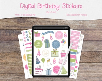 May include: A digital set of 400 birthday stickers for use in the GoodNotes app. The stickers feature a variety of designs, including numbers, gifts, balloons, and cakes. The stickers are in a variety of colours, including pink, blue, green, and yellow.