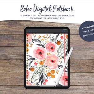 Op de afbeelding: Een digitaal notitieboek met een bloemenontwerp op een tabletscherm. Het notitieboek heeft hyperlinks naar tabbladen en een index, en bevat gratis stickers. De tablet ligt op een houten oppervlak.