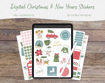 May include: A digital planner sticker set with Christmas and New Year's themes. The stickers include a snowman, a Christmas tree, a car with a Christmas tree on top, a mug, a bell, a snowflake, a wreath, a Christmas angel, a poinsettia, a sled, a reindeer, a pair of ice skates, a yarn ball, and a banner that says "Joy to the world".