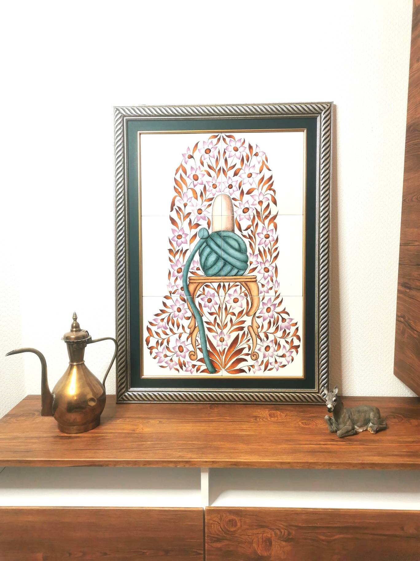 Fait Main Tableau Ceramique - Ottoman/Turque avec Turban de Soufi/Rumi Encadré en Bois
