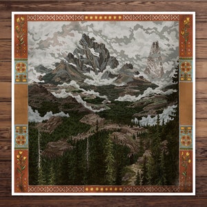 May include: A vintage-style illustration of a mountain range with a cloudy sky. The image is framed with a decorative border featuring a repeating pattern of stars, crosses, and flowers.