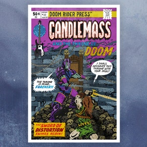 May include: A comic book cover featuring a purple and black illustration of a warrior holding a sword and standing on a pile of skulls. The cover is titled "CANDLEMASS AND THE THRONE OF DOOM" with the text "I SHALL DECORATE THIS THRONE WITH YOUR SKULL!" in a speech bubble. The text "THE THRONE IS MINE...FOREVER!!" is in a speech bubble. The text "THE SWORD OF DISTORTION SWINGS AGAIN!" is at the bottom of the cover.
