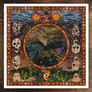 May include: A colorful, psychedelic artwork featuring a swirling vortex of stars and planets within a circular frame. The frame is surrounded by a border of skulls, faces, and a triangular eye symbol. The artwork is set against a backdrop of mountains and a stormy sea.