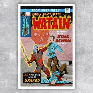 May include: A comic book cover with a red and black illustration of a demon holding a sword and a trident. The demon is fighting a man in blue clothing. The cover is titled "Watain: The Spirit of the King Demon Arises" and has the text "No Holy Soul Will Be Spared".