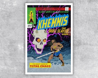 May include: A comic book cover with a purple and black background. The title is "KHEMMIS" in yellow letters. The subtitle is "THE SKULL SLAYER SAGA". A skull with glowing orange eyes is in the background. A man with a sword is in the foreground. The text "THE MIGHTY SWORD OF TOTAL CHAOS" is at the bottom.