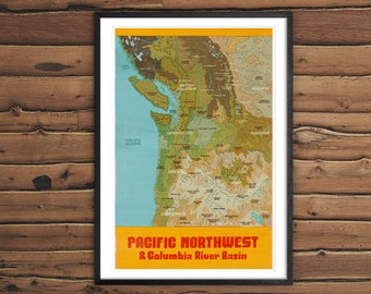 May include: A vintage map of the Pacific Northwest and Columbia River Basin. The map is printed on yellow paper with a red title and is framed in black.