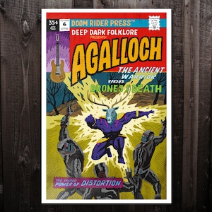 May include: A comic book cover with a yellow, orange, and red background. The title is "Agalloch" and the text reads "The Ancient Warrior Versus Drones of Death". The cover features a purple creature with antlers and a yellow glow.