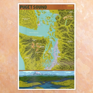 Mapa de Puget Sound - póster de mapa ilustrado - PNW - Washington