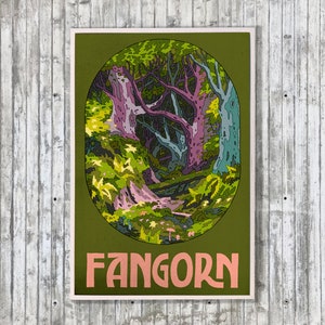 May include: A green poster with a circular illustration of a forest with pink, green, and blue trees. The text "Fangorn" is written in pink letters at the bottom of the poster.
