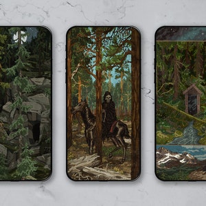 Puede incluir: Tres smartphones que muestran ilustraciones de bosques. Uno muestra un bosque iluminado por la luna, otro una figura con capa sobre un caballo esquelético, y el tercero una escena de bosque con un pequeño edificio y montañas.