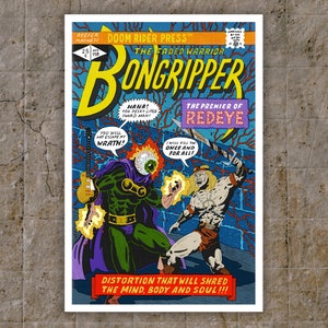 May include: A comic book cover with a yellow background and the title "Bongripper: The Faded Warrior." The cover features a green and purple character with a giant eye for a head, holding a guitar, and a red-eyed warrior with a sword. The text on the cover reads "You will not escape my wrath!" and "I will kill you once and for all!" The cover also includes the text "Distortion that will shred the mind, body and soul!!!"