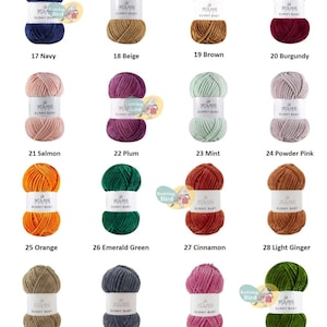 May include: Thirty-two skeins of yarn in various colors, including navy, beige, brown, burgundy, salmon, plum, mint, powder pink, orange, emerald green, cinnamon, light ginger, matte brown, soat gray, rose color, and dark green. Each skein is labeled "Wolans Sunny Baby".