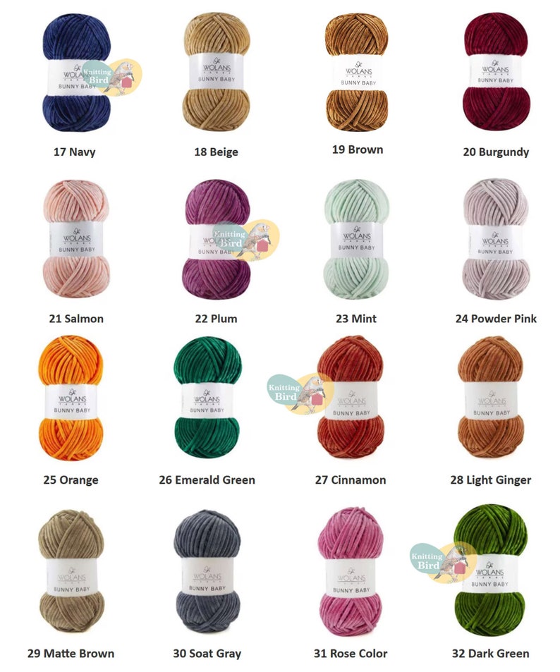 May include: Thirty-two skeins of yarn in various colors, including navy, beige, brown, burgundy, salmon, plum, mint, powder pink, orange, emerald green, cinnamon, light ginger, matte brown, soat gray, rose color, and dark green. Each skein is labeled "Wolans Sunny Baby".
