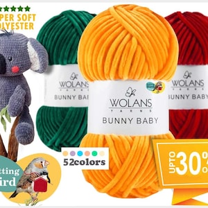 May include: A selection of vibrant yarn skeins in green, orange, and red, branded as "BUNNY BABY" by Wolans Yarns. A plush koala and a bird graphic are also visible. The image also includes the text "SUPER SOFT POLYESTER" and "52 colours".