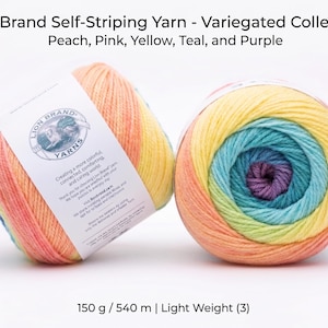 May include: Two colorful balls of Lion Brand self-striping yarn in peach, pink, yellow, teal, and purple. The yarn is labeled as Variegated Collection and Light Weight (3). Each ball is approximately 150 grams and 540 meters.