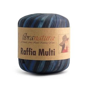 May include: A skein of blue and black raffia yarn with a brown label that reads "fibranatura Natural Fine Hand Knitting Yarns Raffia Multi".