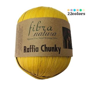May include: A ball of yellow raffia yarn with a brown label that reads "fibra natura Natural Fine Hand Knitting Yarns Raffia Chunky".