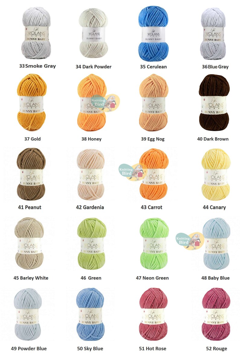 May include: A collection of 52 yarn skeins in various colors, including smoke gray, dark powder, cerulean, blue gray, gold, honey, egg nog, dark brown, peanut, gardenia, carrot, canary, barley white, green, neon green, baby blue, powder blue, sky blue, hot rose, and rouge. Each skein is labeled with the brand name "WOLANS" and the words "Bunny Baby".