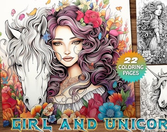Coloring Book Beautiful Girl and Unicorn 22 coloring pages
