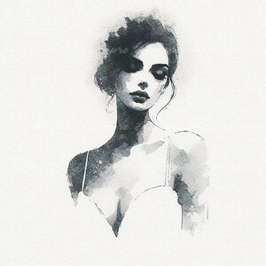 May include: A black and white watercolour painting of a woman with dark hair and a simple, elegant dress. The painting has a soft, dreamy feel.