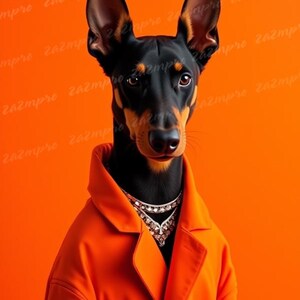 May include: A black Doberman Pinscher wearing a bright orange jacket and a diamond necklace. The dog is looking directly at the camera against a solid orange background.