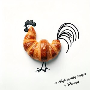 May include: A croissant shaped like a rooster with a black and white head and a black tail drawn on a white background.