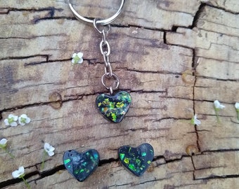 Black Glitter Heart Large Stud Earrings and Keychain Set