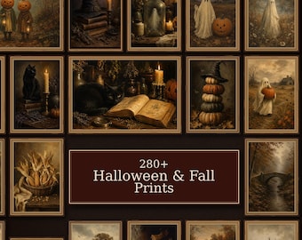 May include: A collection of 280+ Halloween and fall prints featuring vintage-style illustrations of ghosts, pumpkins, skeletons, black cats, autumn landscapes, and rustic scenes, all framed in thin brown borders with a central text overlay.