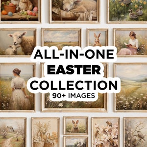 May include: A collage of framed images featuring Easter themes, including lambs, bunnies, birds, flowers, and spring landscapes. The text "ALL-IN-ONE EASTER COLLECTION 90+ IMAGES" is displayed in the center of the collage.