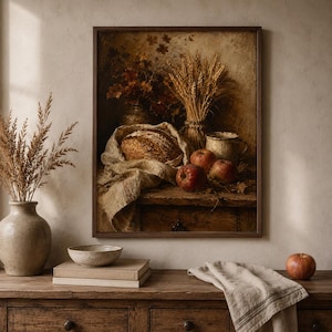 Harvest still life print with fruit, wheat and a country basket above a console — vintage autumn kitchen art, thanksgiving decor printable download.