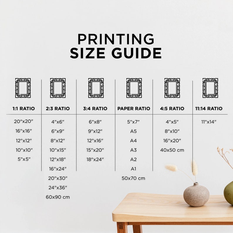 Printing size guide for the 280+ Halloween and fall wall art bundle — every print in 2:3, 3:4, 4:5, 11x14 and ISO A-series ratios, fits all standard frames.