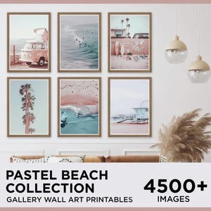 Pastel Beach Wall Art Prints set, California Coastal Gallery Wall Art, Beach Prints, Ocean, Pink Beach Wall Art, Surfing Poster photography