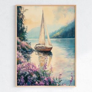 Sailboat Lake House Art: Coastal Seascape Painting (Digital Download)