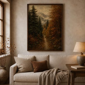Pine forest valley with a mountain stream in autumn art print above a cream sofa — vintage fall landscape printable, moody fall print digital download.
