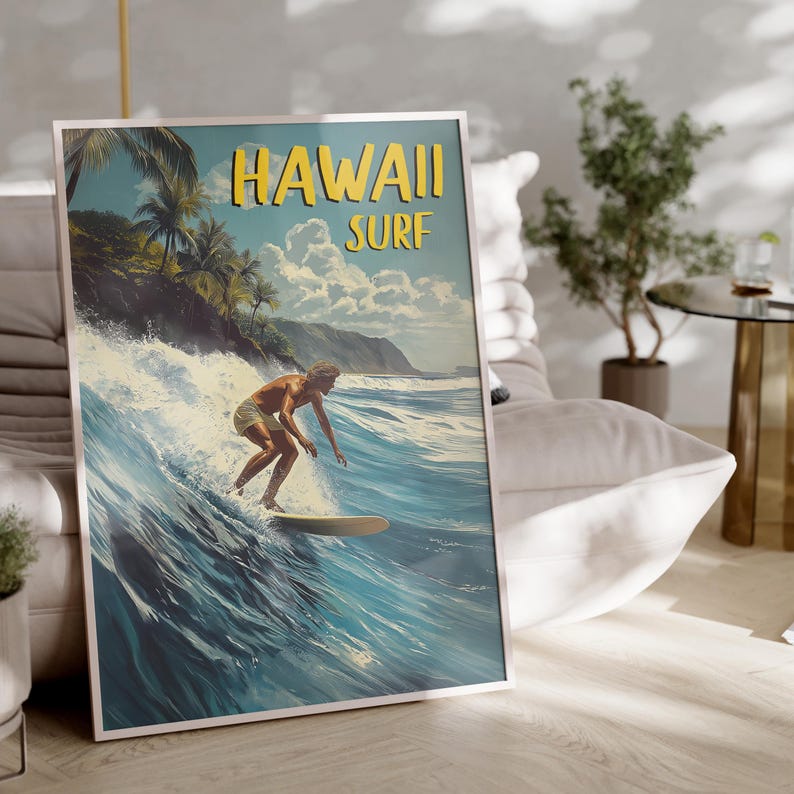 A Hawaii-inspired digital artwork celebrating the surf lifestyle. The bold yellow text and dynamic movement make it a striking focal point.