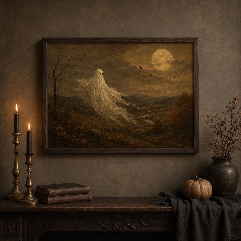 Vintage ghost print floating over a moonlit autumn field in a dark frame — moody fall print for a Halloween gallery wall, digital download bundle.